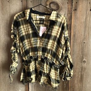 Free People Black Plaid Ruched Sleeve Pacific Dawn Shirt Button Down Med…